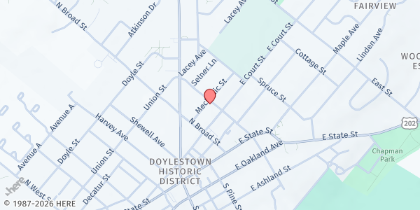Map showing Doylestown Presbyterian Church - Andrew's Hall at 127 East Court Street, Doylestown, PA