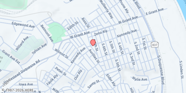 Map showing Duquesne Food Pantry - Divine Restoration COGIC at 100 S. 7th St., Duquesne, PA