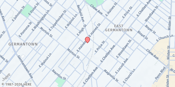Map showing New Beginnings Pentecostal at 502 East Haines Street, East Germantown, PA