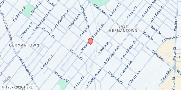 Map showing New Beginnings Pentecostal Church at 502 East Haines Street, East Germantown, PA
