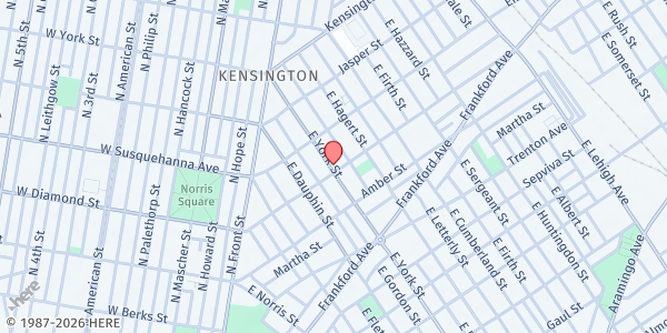 Map showing Franny Lou's Porch at 2400 Coral Street, East Kensington, PA