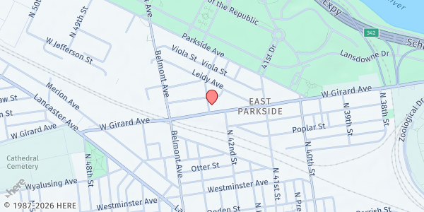 Map showing First African Presbyterian Church at 4159 West Girard Avenue, East Parkside, PA