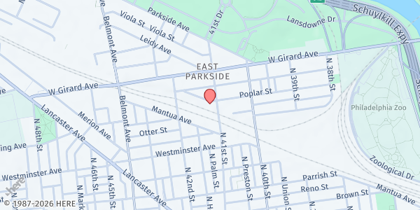 Map showing West Philadelphia Senior Community Center at 1016-26 North 41st Street, East Parkside, PA