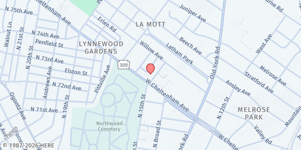 Map showing La Mott AME Church Food Pantry at 1505 West Cheltenham Avenue, Elkins Park, PA