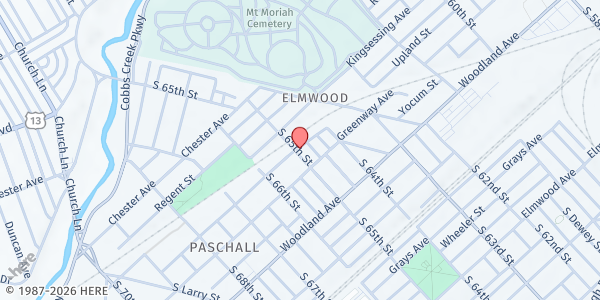 Map showing Eternal Life Missionary Baptist Church at 2001 South 65th Street, Elmwood Park, PA