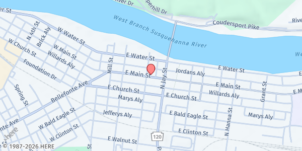 Map showing Lock Haven PA at 330 E Main St, Flemington, PA