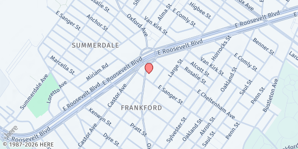 Map showing Chrono Kev's Christmas Event Location at 5411 Oxford Avenue, Frankford, PA