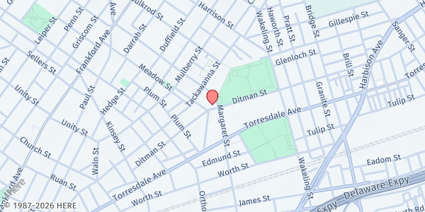 Map showing Faith Assemblies of God Church at 1926 Margaret Street, Frankford, PA