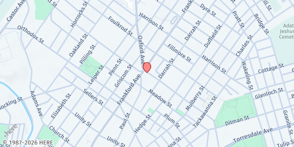 Map showing Helping Hands Distribution Site at 1604 Margaret Street, Frankford, PA