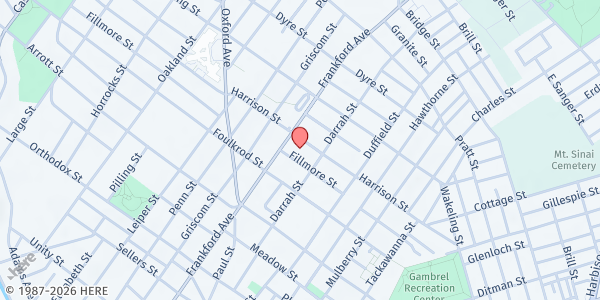 Map showing Pathway Evangelistic Church at 1600 Harrison Street, Frankford, PA