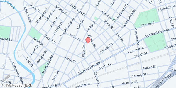 Map showing Ujima Friends Peace Center at 4371 Waln Street, Frankford, PA