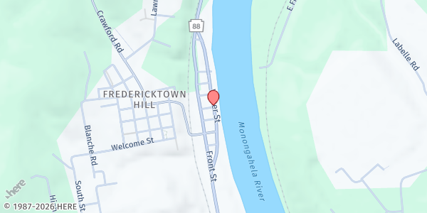 Map showing Greater Washington Co. Food Bank Distribution at 40 Water St., Fredericktown, PA