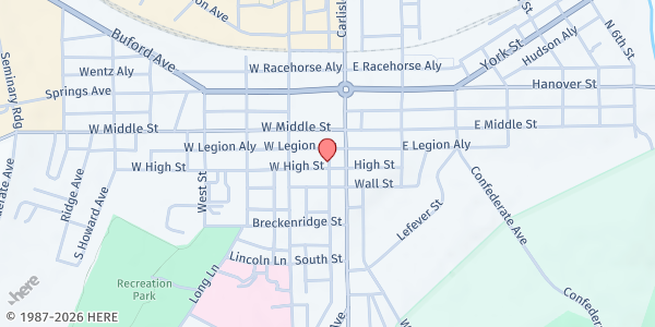 Map showing Manos Unidas Hispanic American Center at 19 W High St, Gettysburg, PA