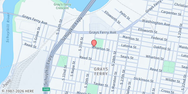 Map showing Jesus Delight Ministry / Christian Lighthouse Center at 2945 Wharton Street, Grays Ferry, PA