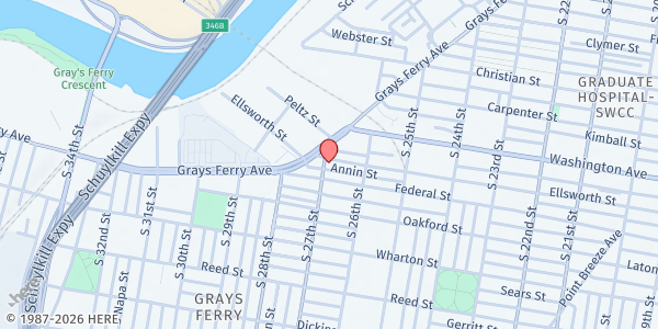 Map showing North East Group Greys Ferry Residents Assn. at 1105 South 27th Street, Grays Ferry, PA