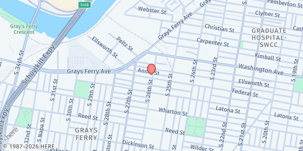 Map showing Progressive Worship Center at 1140 South 26th Street, Grays Ferry, PA