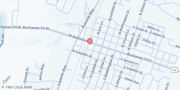 Map showing Greencastle Presbyterian Church at 57 W. Baltimore St., Greencastle, PA