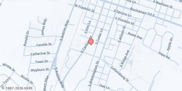 Map showing Praying Time Ministries at 45 Railroad St, Greencastle, PA