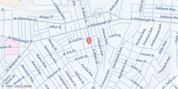 Map showing First Evangelical Lutheran Church at 246 South Main St., Greensburg, PA