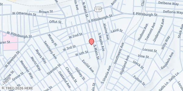 Map showing First Presbyterian Church at 300 S. Main St., Greensburg, PA