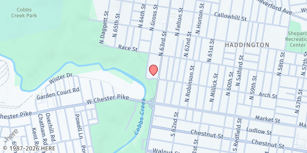 Map showing Abundant Life Healing Fellowship Church at 100 North 63rd Street, Haddington, PA