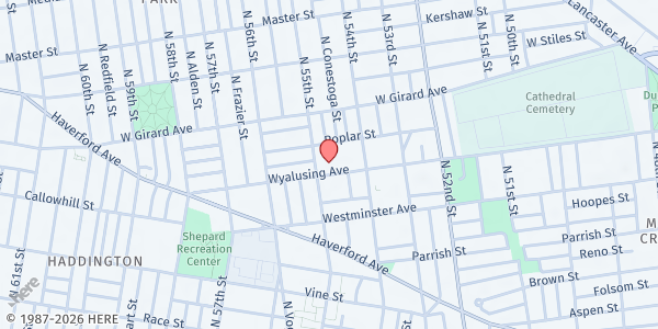 Map showing Better Tomorrow Haddington Townhouse Food Pantry at 5437 Wyalusing Avenue, Haddington, PA