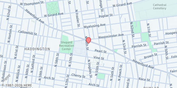 Map showing Mama-Tee.com Community Fridge at Opportunity Towers III at 5524 Haverford Avenue, Haddington, PA