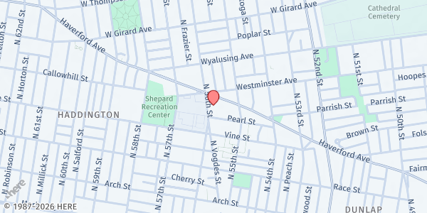 Map showing Mama Tee Community Fridge- Opportunity Towers III at 5524 Haverford Avenue, Haddington, PA