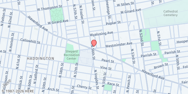 Map showing NICKY'S CREATIONS at 5543 Haverford Avenue, Haddington, PA