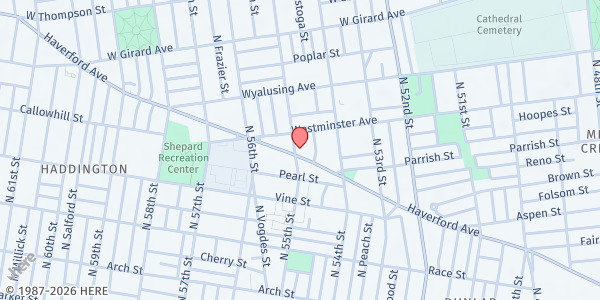 Map showing Philadelphia Baptist Church at 5447 Haverford Avenue, Haddington, PA