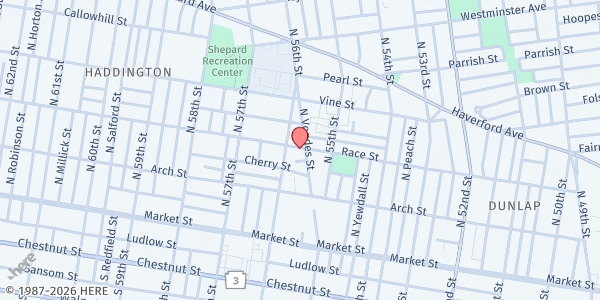 Map showing Philadelphia Baptist Church Food Pantry at 5544 Race Street, Haddington, PA