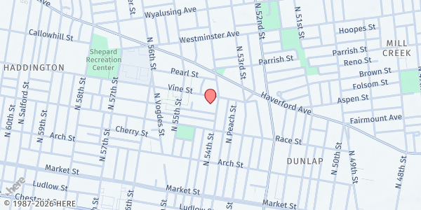 Map showing St. Joseph Baptist Church at 224 North 54th Street, Haddington, PA