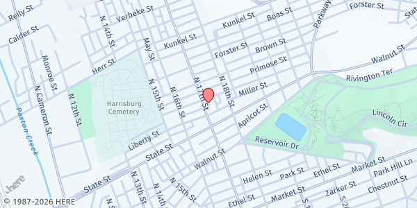 Map showing North 17th Street Church of God at 615 N. 17th St., Harrisburg, PA