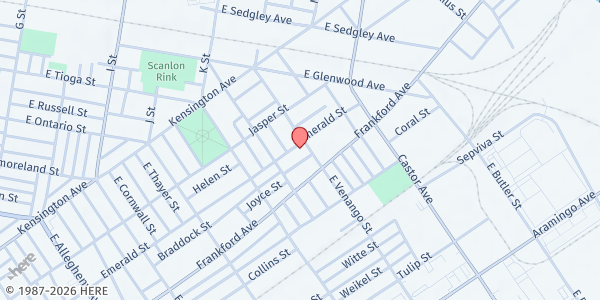 Map showing Fresh Fire Apostolic Food Pantry at 3579 Emerald Street, Harrowgate, PA