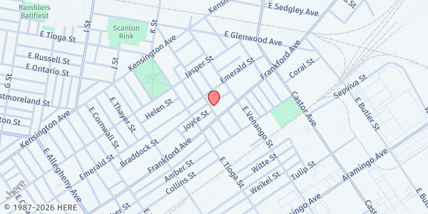 Map showing Mission of St. Joan of Arc Food Cupboard at 2025 East Atlantic Street, Harrowgate, PA