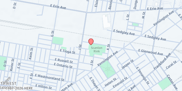 Map showing SCANLON REC CENTER at 1099 East Venango Street, Harrowgate, PA