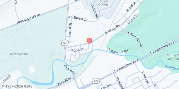 Map showing Hershey Food Bank And Community Outreach at 120 E Derry Rd, Hershey, PA