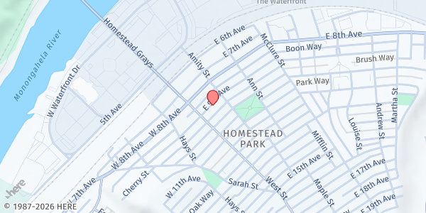 Map showing Mon-valley Unemployed & Committee - Food Distribution Center at 120 E 9th Ave, Homestead, PA