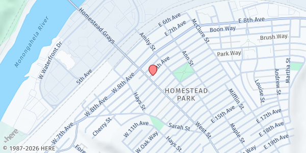 Map showing The Salvation Army-Homestead - Food Distribution Center at 104 E 9th Ave, Homestead, PA