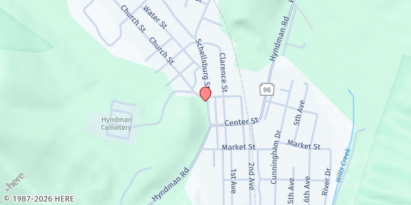 Map showing Hyndman Church Of The Bretheren at 139 Schellsburg St, Hyndman, PA