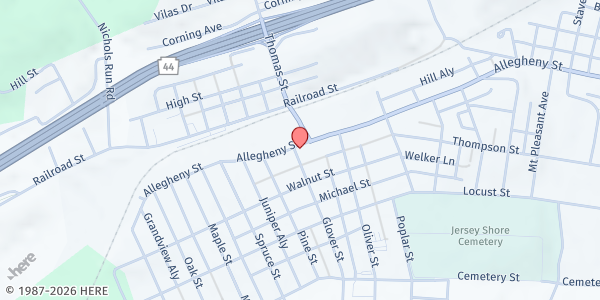 Map showing The New Love Center Cafe at 1407 ALLEGHENY STREET, Jersey Shore, PA