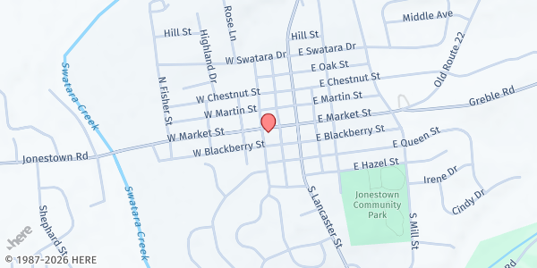 Map showing The Caring Cupboard - Jonestown Outreach Pantry at 48 W Market St, Jonestown, PA