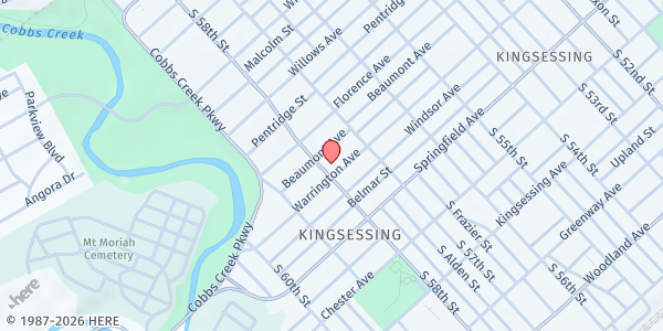 Map showing Bethany Missionary Baptist Church at 5749 Warrington Avenue, Kingsessing, PA