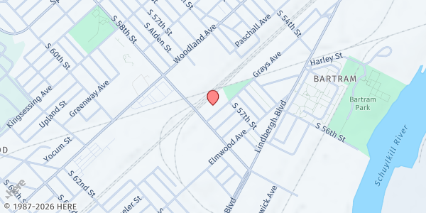 Map showing Ezekiel Baptist Church at 5701 Grays Avenue, Kingsessing, PA