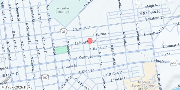 Map showing East Chestnut Street Mennonite Church at 432 E Chestnut St, Lancaster, PA