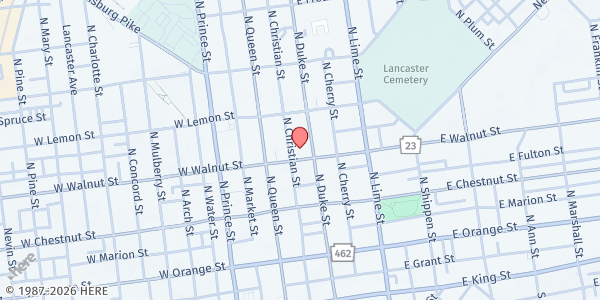 Map showing First UMC at 29 E. Walnut St., Lancaster, PA