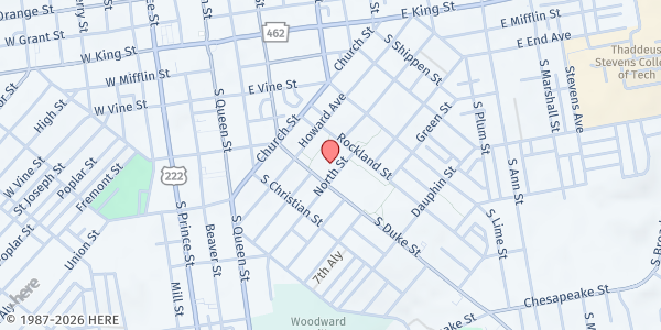 Map showing San Juan Bautista Church at 425 S. Duke St., Lancaster, PA