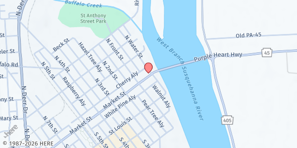 Map showing First Presbyterian Church at 18 Market St., Lewisburg, PA