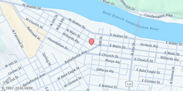 Map showing Roads to Peace (Clinton County Women's Center Inc.) at 34 W Main St, Lock Haven, PA