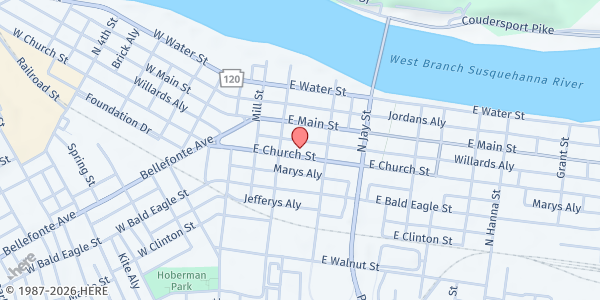 Map showing The Salvation Army - Lock Haven at 119 E. Church St., Lock Haven, PA